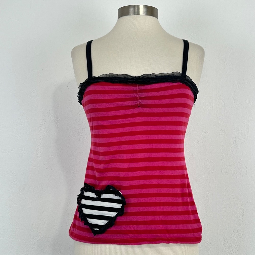 Vintage Jessica Louise Y2K Grunge Tank Top Size XS Pink Black Striped Lace Heart